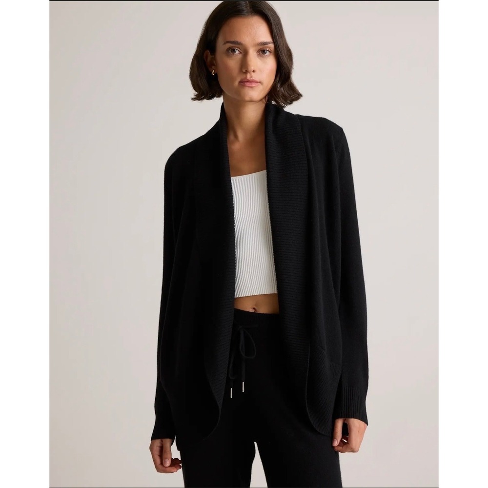 Quince Mongolian Cashmere Open Front Cardigan Black Shawl Collar Sweater Small